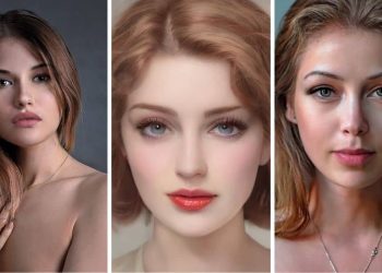 Illustrated grid of three different female face shapes—oval, square, round, and oblong—on a background.
