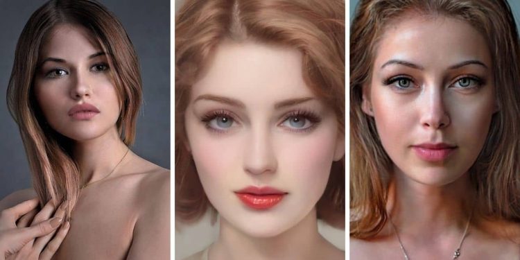 Illustrated grid of three different female face shapes—oval, square, round, and oblong—on a background.