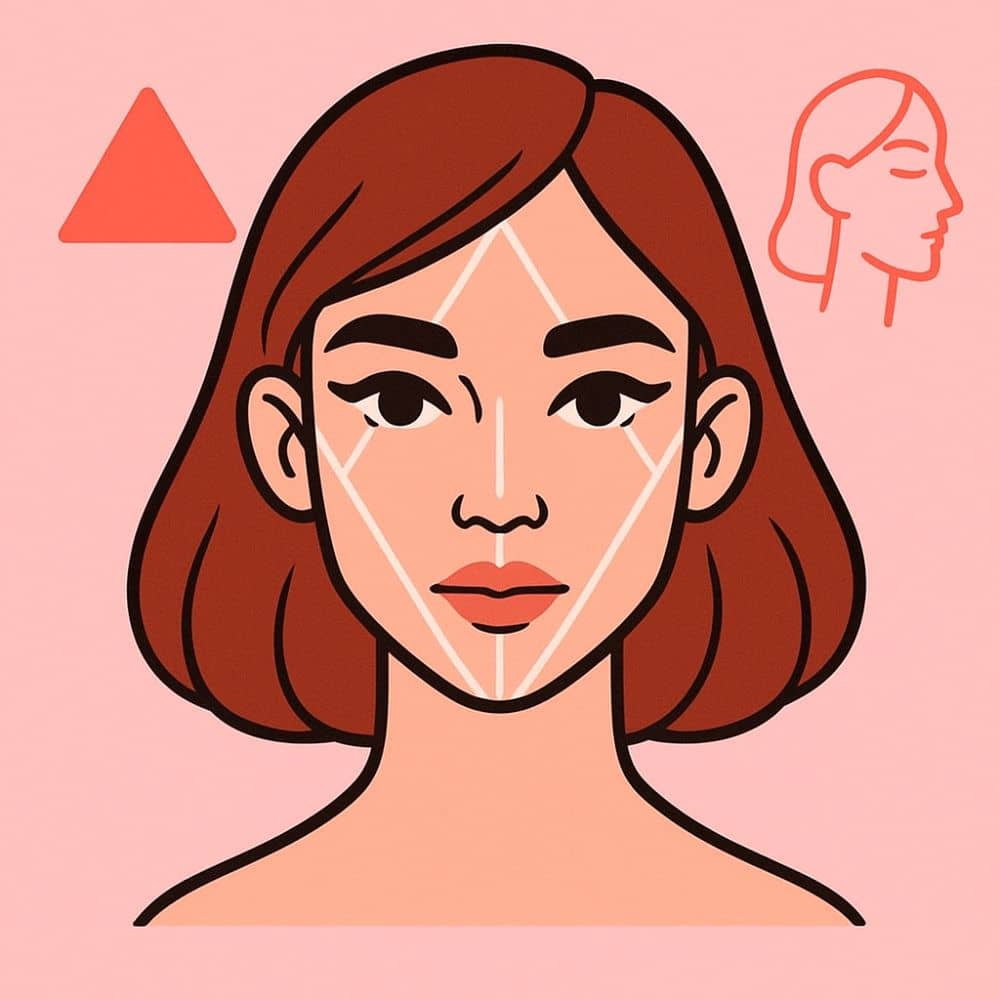 A woman with a triangle face shape, showing a wide jawline tapering to a narrower forehead, outlined with face mapping lines on a background.

